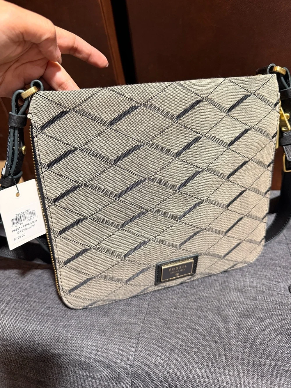 Fossil Preston Expandable Crossbody Bag Grey Black Diamond Jacquard Leather